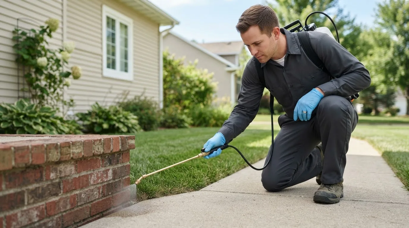 Pest control technician treating a home near Crown City, OH