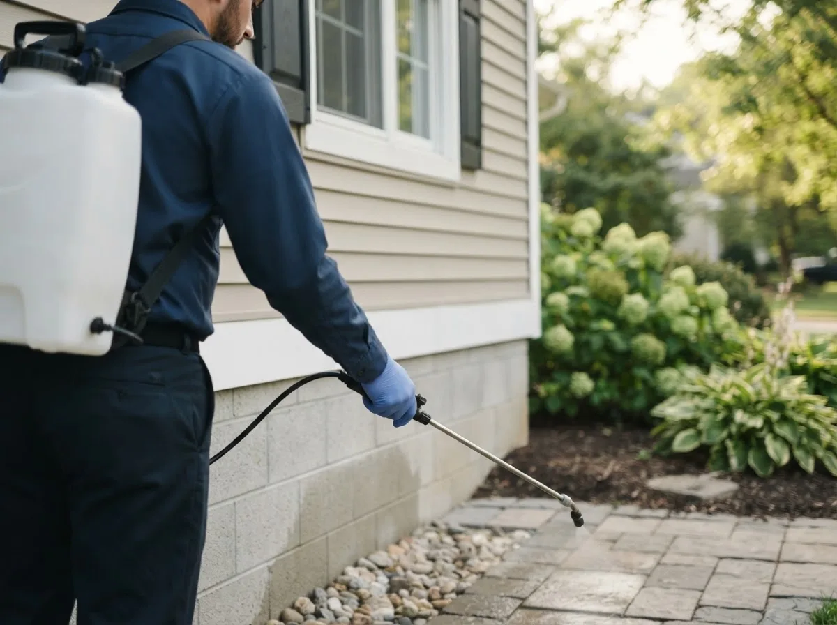 Pest control technician inspecting a home in Crown City, OH